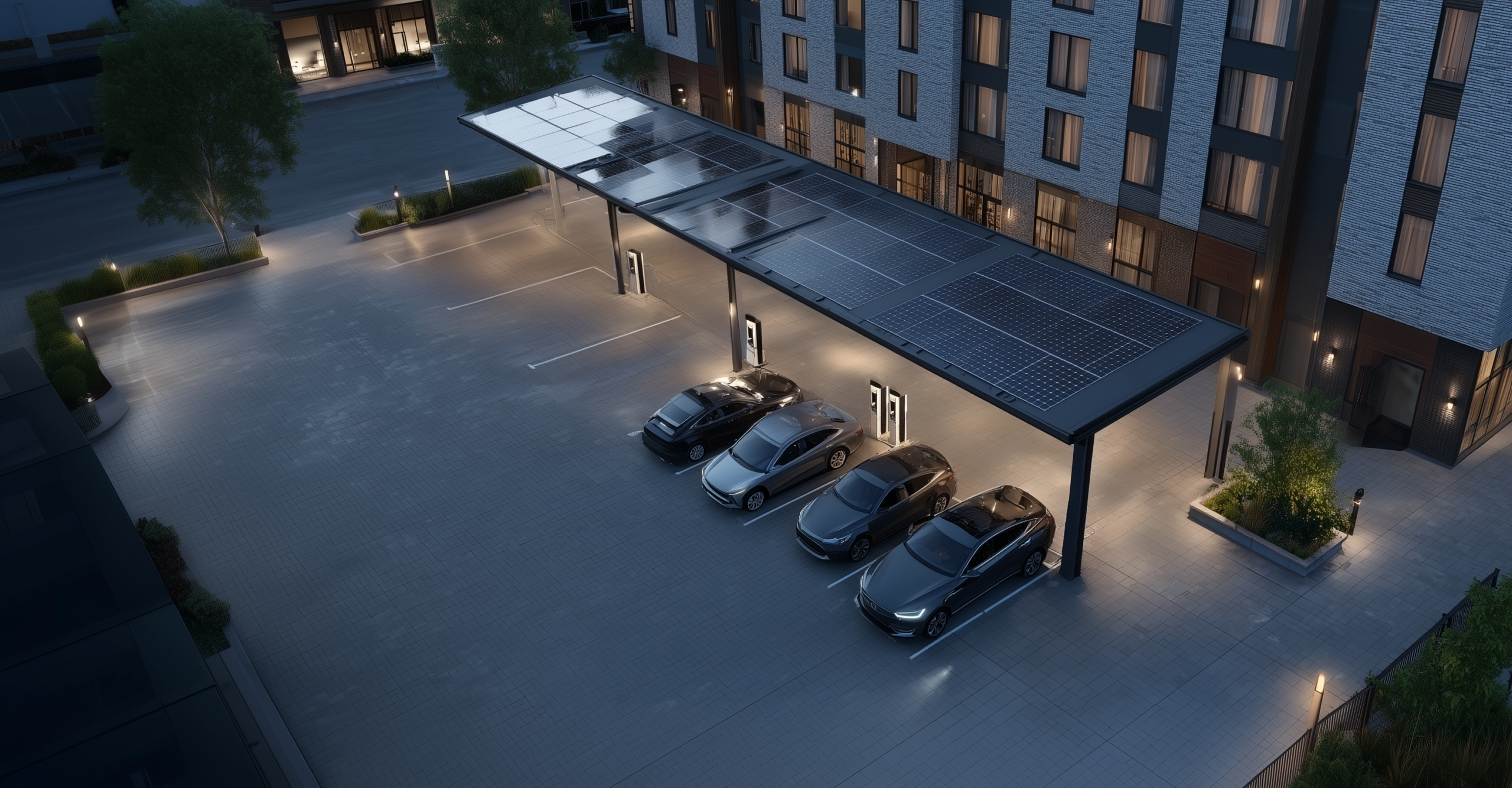 EVs parked under solar canopy