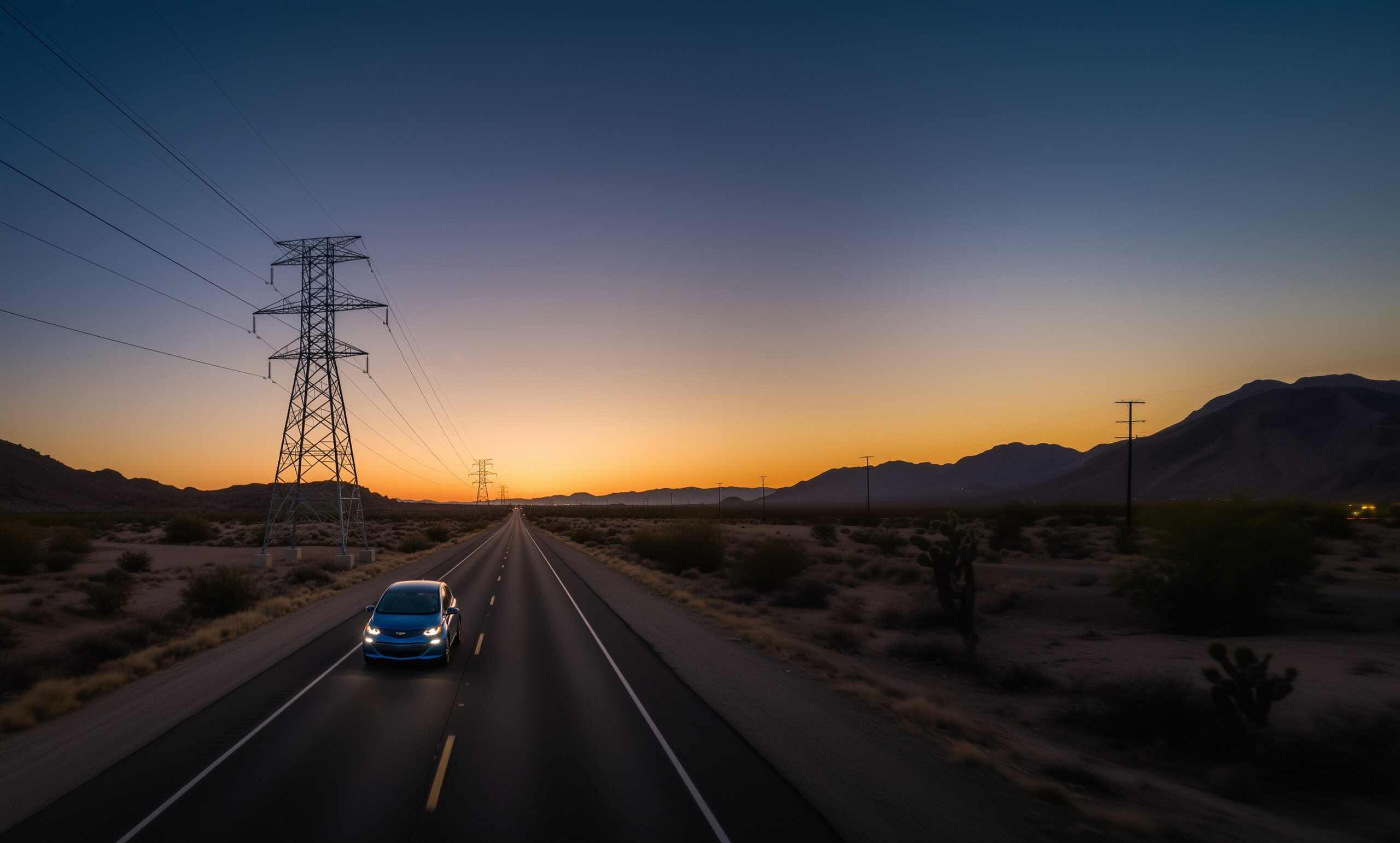 EV driving on road with sunset