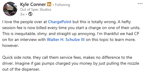 LinkedIn comments about new ChargePoint EV charging fees