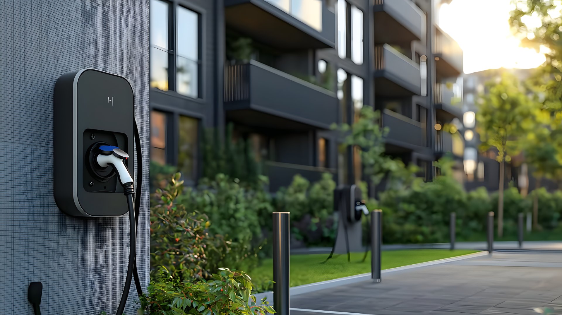 Modern Apartment Complex with Integrated EV Charging Docks for Sustainable Living