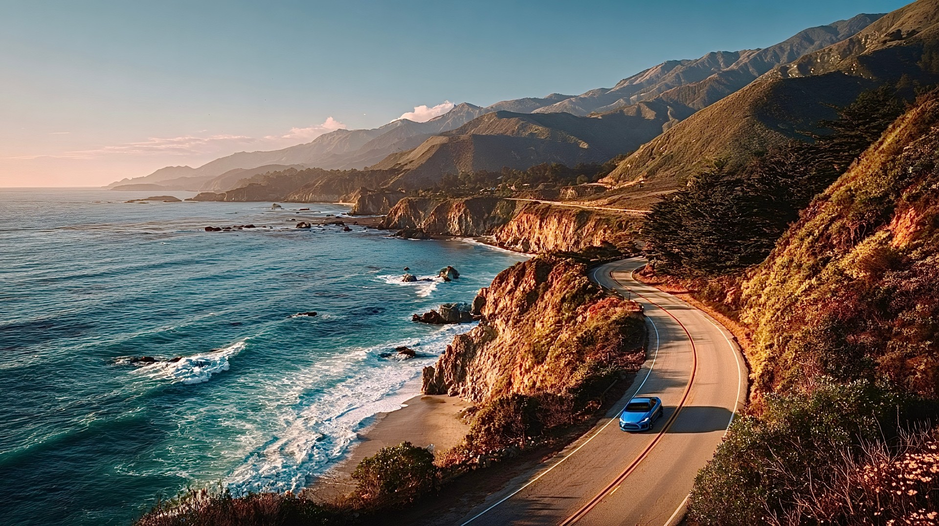 ev roadtrip scenic highway sunset views