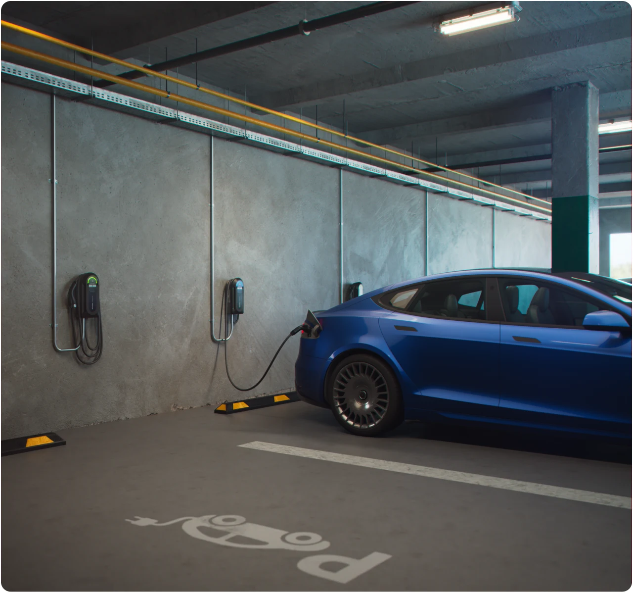 A blue electric vehicle charging in a commercial parking garage.