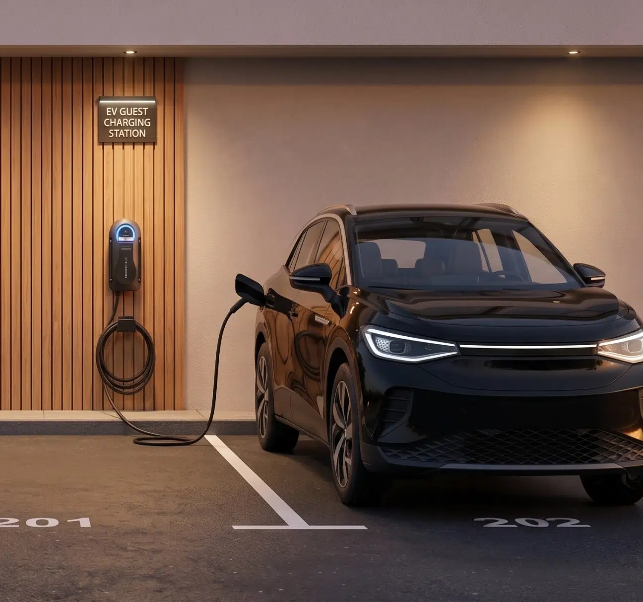 An electric vehicle charging in a hotel parking garage.