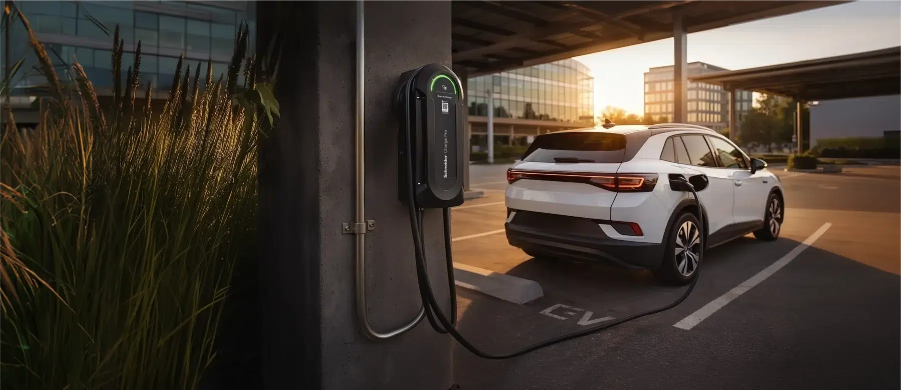 A Schneider Charge Pro station charging an electric vehicle.