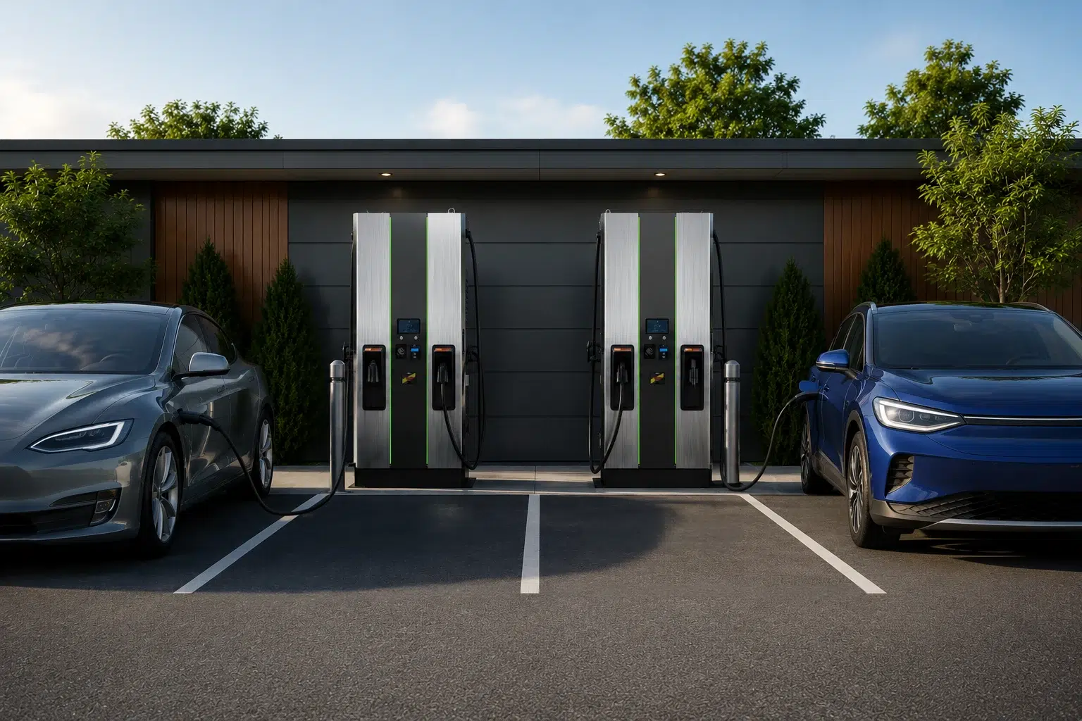 DC Fast Charging stations installed between electric vehicle parking spaces.