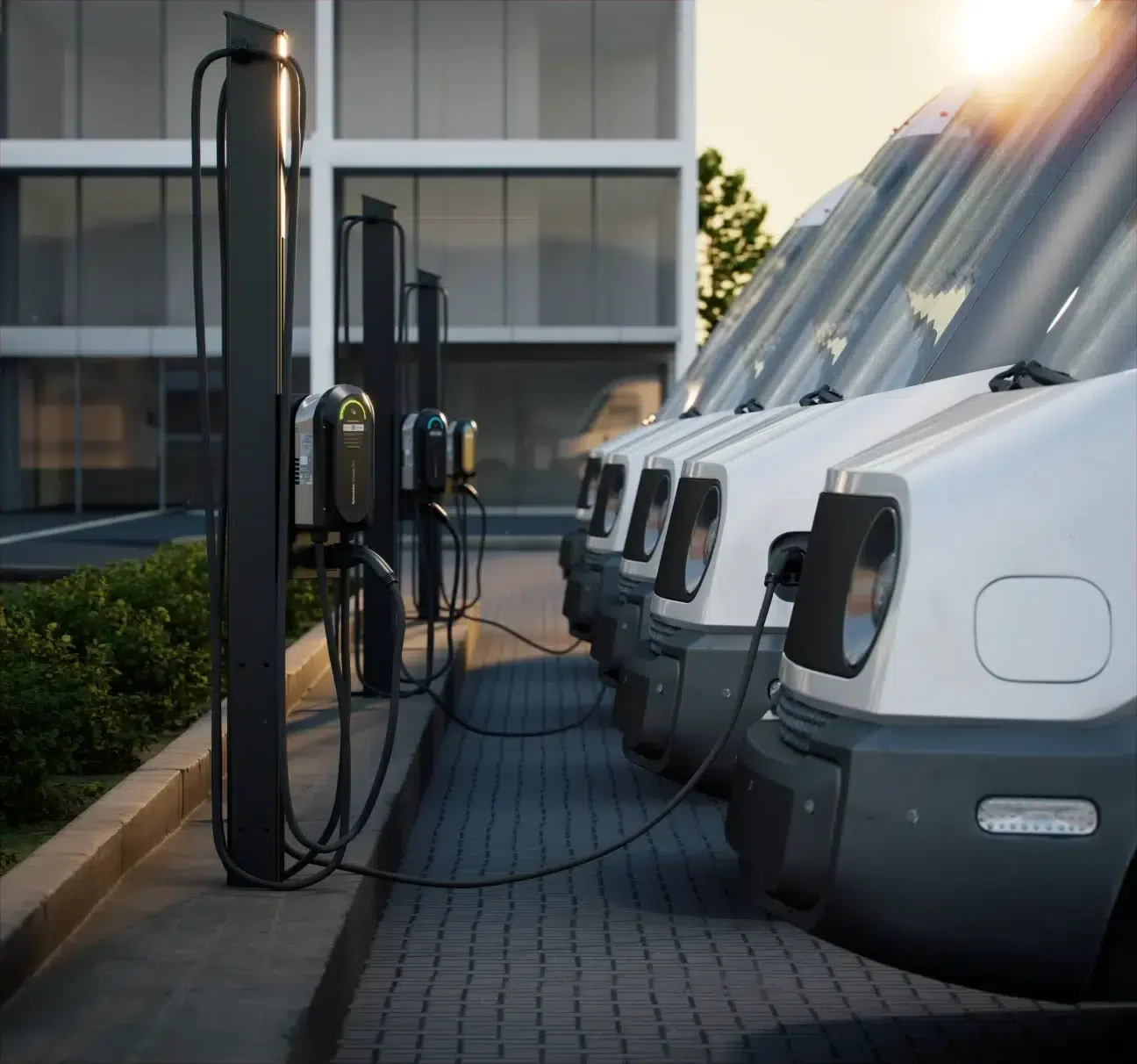 Electric fleet vans charging at a row of commercial charging stations.